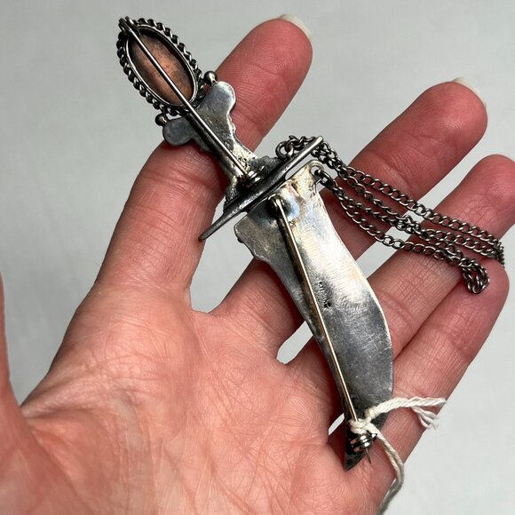 ANTIQUE STERLING SILVER SHEATH PIN BROOCH STAMPED 925 KNIFE  Vintage A&L Sword Pin 925 Sterling Silver Scabbard Dagger Brooch Orange Antique